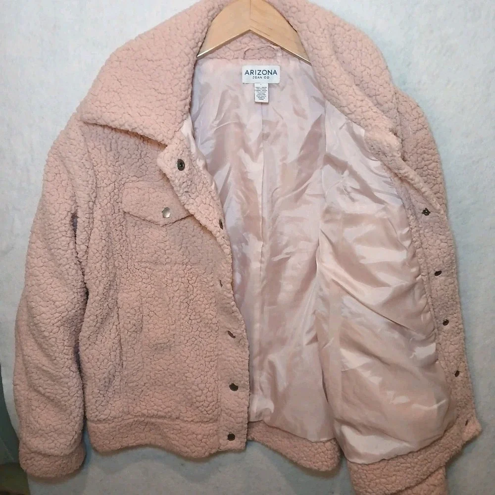 Arizona Jean Co Womens Pink Sherpa‎ Lined Trucker Jacket Soft Cozy Teddy Bear